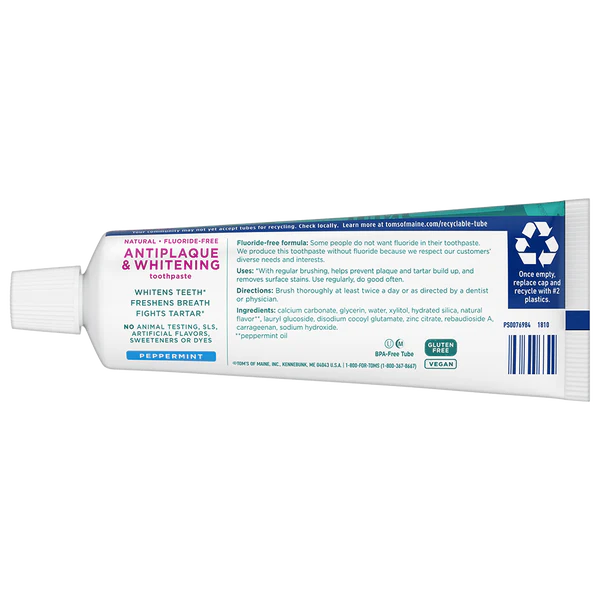 Fluoride-Free Antiplaque & Whitening Peppermint Natural Toothpaste