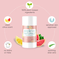 Breathe Naturals deodorant, made with plant-based ingredients and aloe vera, promises a clean citrus scent and stain-free protection for sensitive skin.
