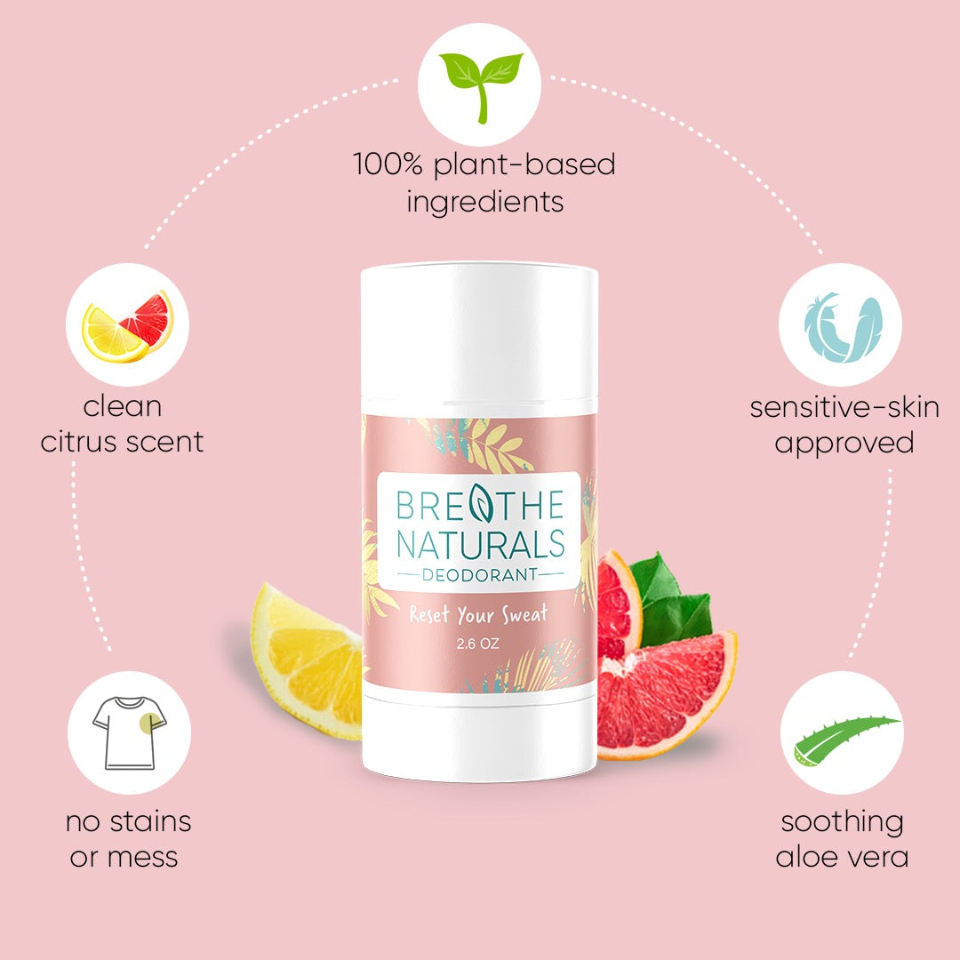 Breathe Naturals deodorant, made with plant-based ingredients and aloe vera, promises a clean citrus scent and stain-free protection for sensitive skin.
