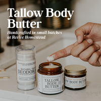 A finger dips into a jar of tallow body butter, showcasing natural skincare products including deodorant and moisturizer with mahogany teakwood scent.
