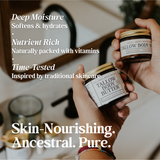 Hands display two jars of Tallow Body Butter, showcasing the mahogany and teakwood skincare product.
