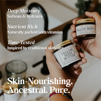 Hands display two jars of Tallow Body Butter, showcasing the mahogany and teakwood skincare product.
