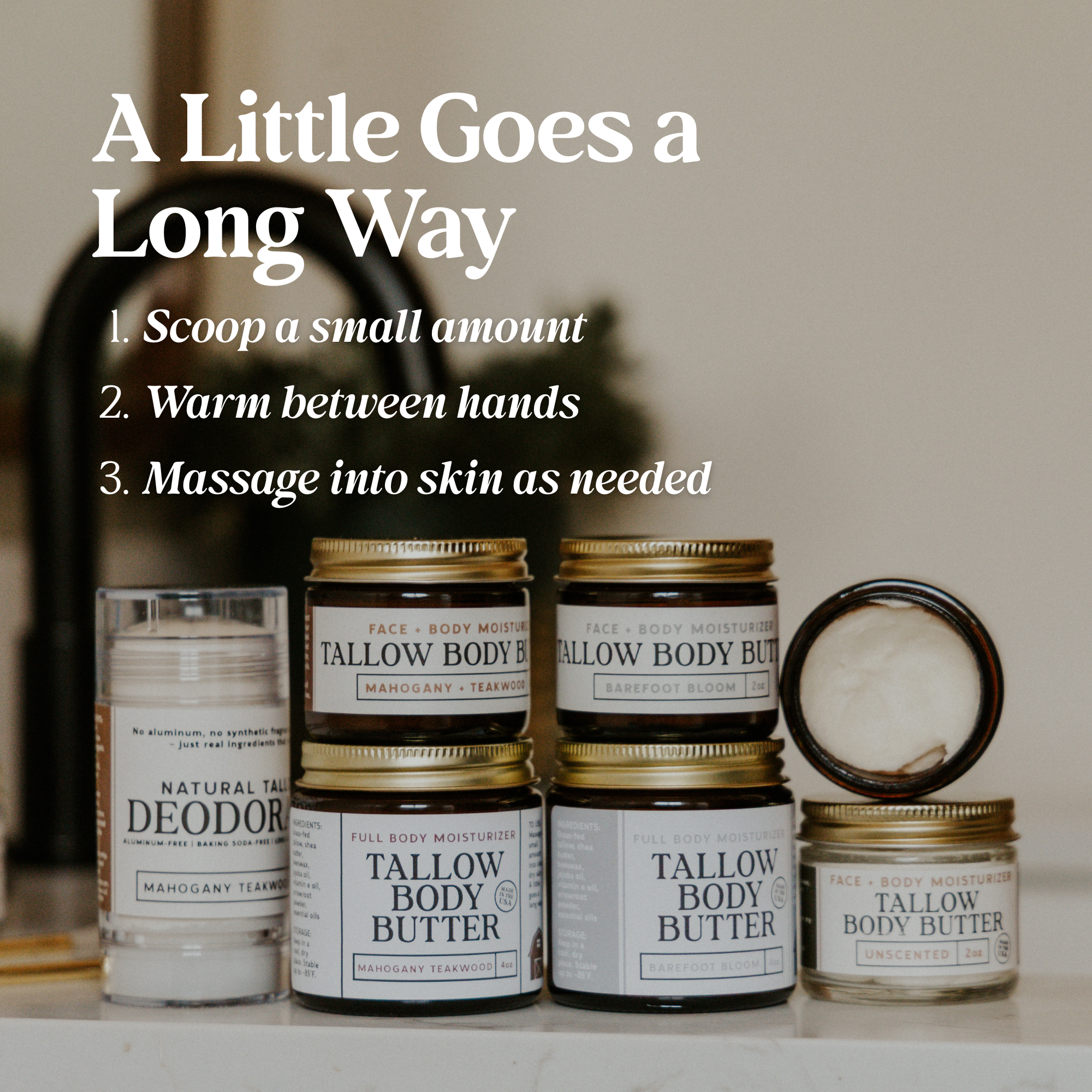 Discover natural skincare featuring tallow body butter and deodorant with scents like Mahogany Teakwood and Barefoot Bloom.
