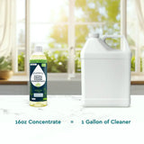 Puracy shows how a 16oz bottle of green tea and lime natural surface cleaner concentrate makes one gallon of cleaner.

