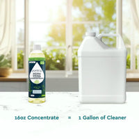 Puracy shows how a 16oz bottle of green tea and lime natural surface cleaner concentrate makes one gallon of cleaner.
