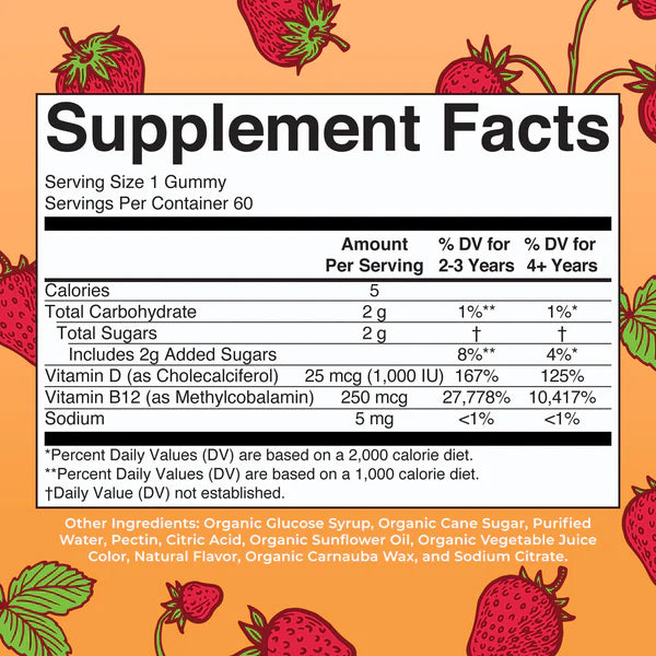 Organic D3+B12 Strawberry Gummies, 60 Servings