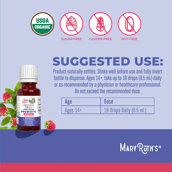 Organic Teen Raspberry Probiotic Digestive Liquid Drops, 30 Servings