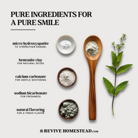 Showcases natural toothpaste ingredients like bentonite clay and calcium carbonate for healthy teeth and a pure smile.
