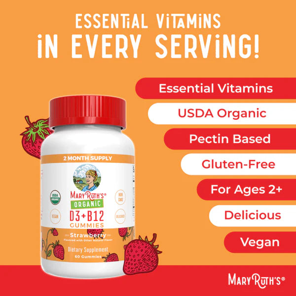 Organic D3+B12 Strawberry Gummies, 60 Servings