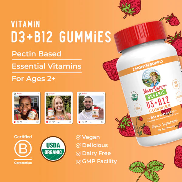 Organic D3+B12 Strawberry Gummies, 60 Servings