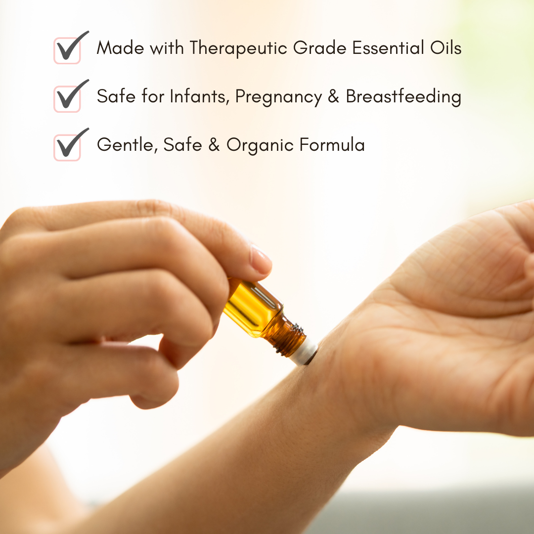 Applies therapeutic essential oil rollerball to wrist, highlighting its safe, gentle, and organic formula for all.
