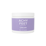 Close-up shows a 4oz jar of Achy Feet Cream in a white container with a lavender label.
