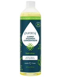 Puracy Carpet Shampoo Concentrate, a natural and fresh citrus cleaner, promises perfect fabrics and pure ingredients.
