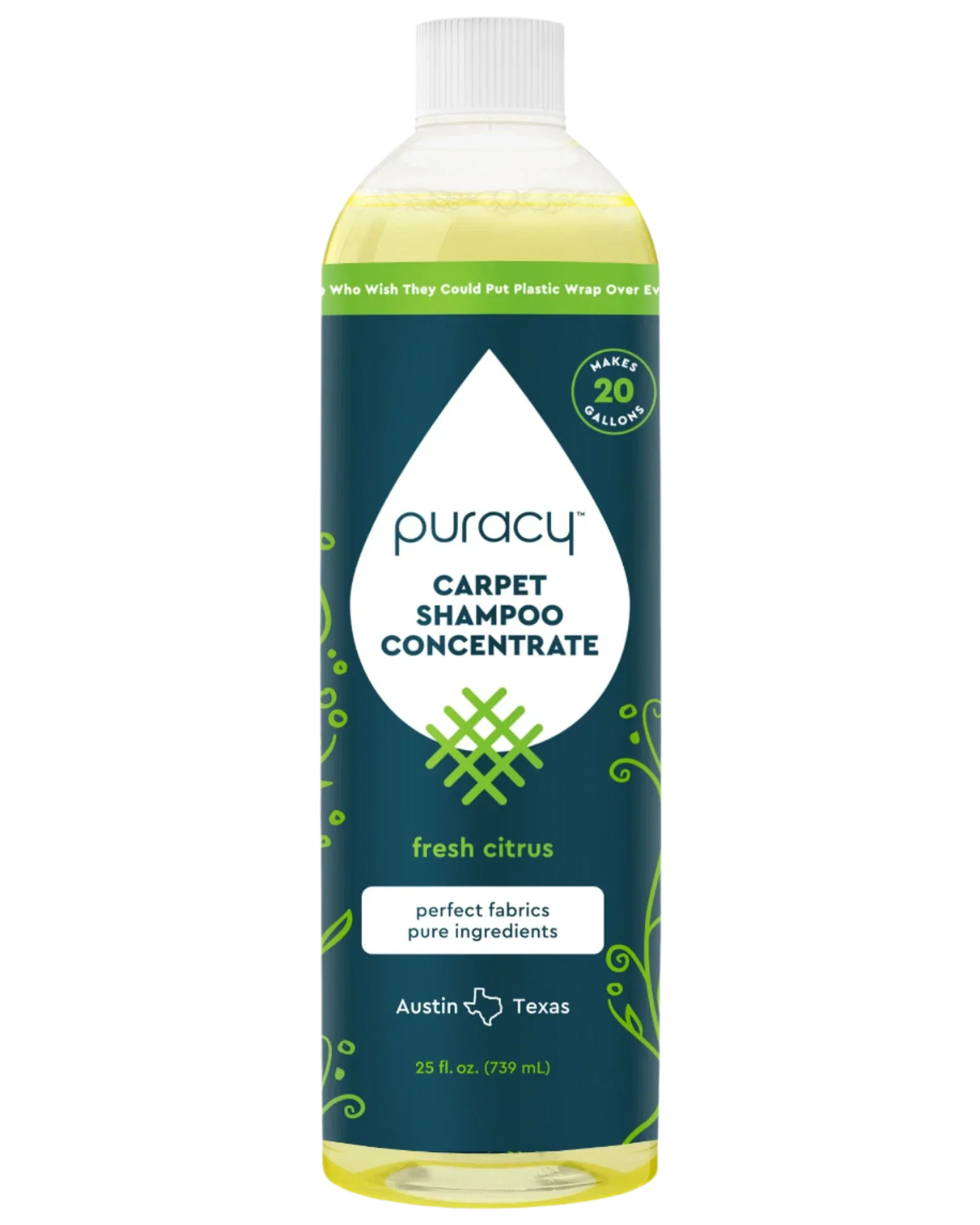 Puracy Carpet Shampoo Concentrate, a natural and fresh citrus cleaner, promises perfect fabrics and pure ingredients.
