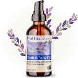 Motherlove Birth & Baby Oil bottle showcases its gentle, nourishing formula designed for perineal, labor, and baby massage.
