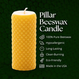 A textured yellow pillar beeswax candle promises clean-burning, long-lasting, hypoallergenic, and eco-friendly light, made in the USA from 100% pure beeswax.
