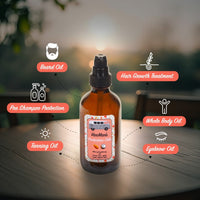 VanMan's Protection Oils in a brown bottle promises beard, hair growth, pre-shampoo, tanning, whole body, and eyebrow oil benefits.
