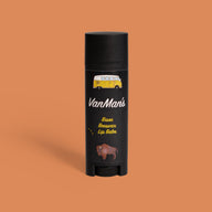 VanMan's Bison Beeswax Lip Balm features a yellow VW van and bison illustration on its black tube.

