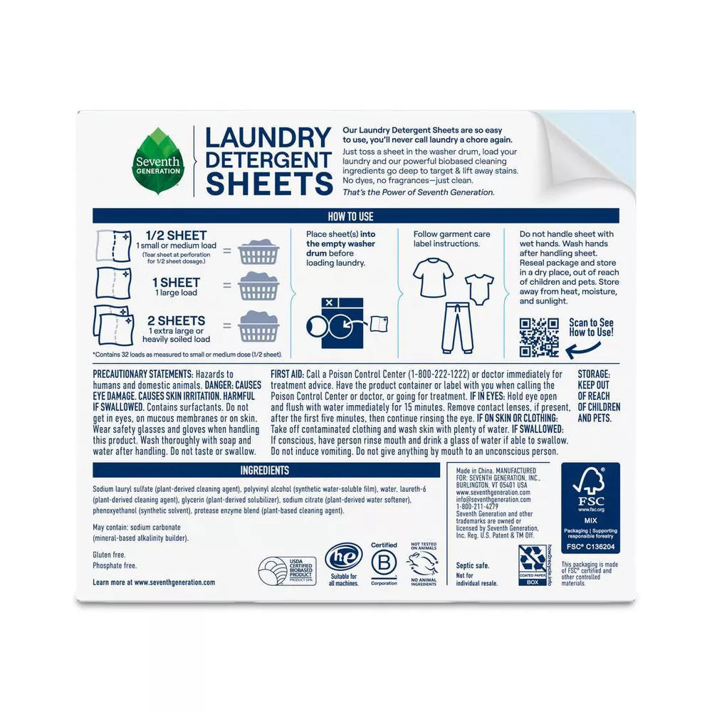 Free & Clear Laundry Detergent Sheets, 32 sheets, Up to 64 loads