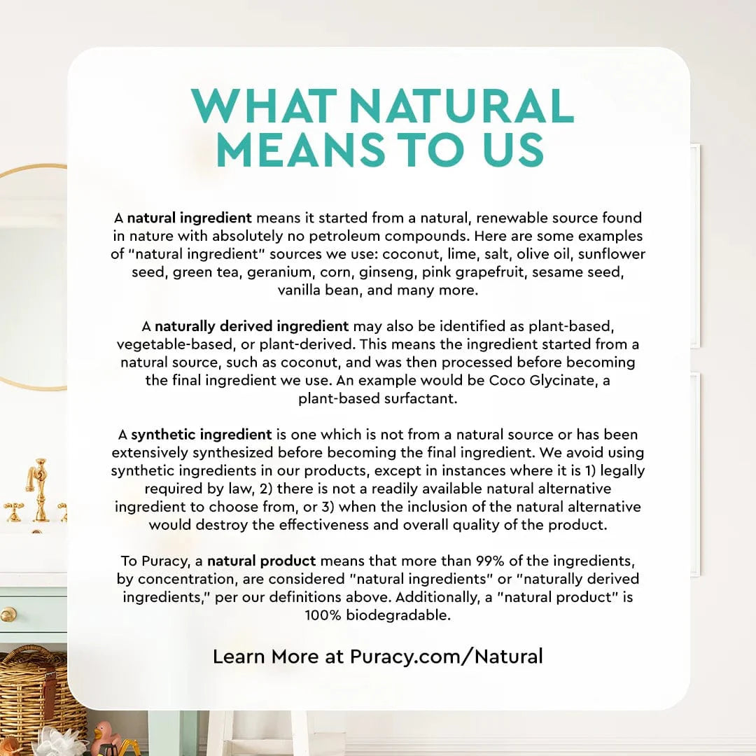 Puracy explains their commitment to natural ingredients, defining natural, naturally-derived, and synthetic components, and emphasizing product biodegradability.
