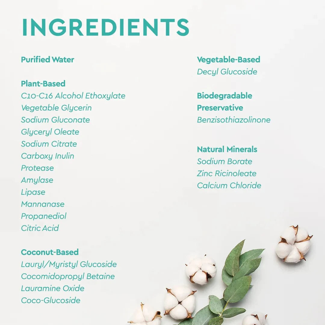 List displays the ingredients of a natural product, including plant-based, coconut-based, and vegetable-based components, adorned with cotton flowers.
