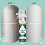 Puracy Stainless Steel Cleaner demonstrates its effectiveness by showing a dirty stainless steel surface transformed into a gleaming, clean finish.
