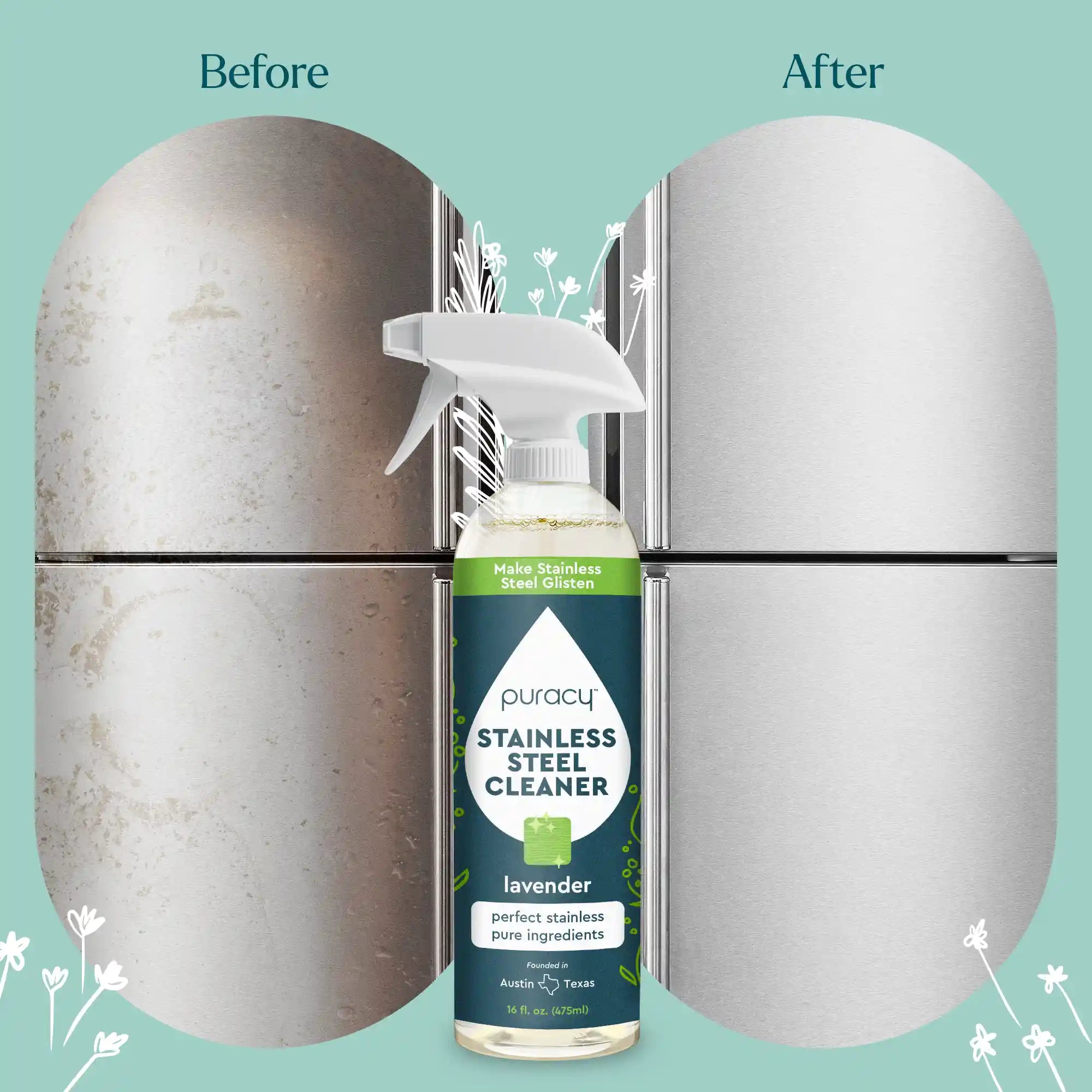 Puracy Stainless Steel Cleaner demonstrates its effectiveness by showing a dirty stainless steel surface transformed into a gleaming, clean finish.
