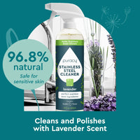 Puracy stainless steel cleaner sprays, promising a 96.8% natural, lavender-scented polish for sensitive skin.
