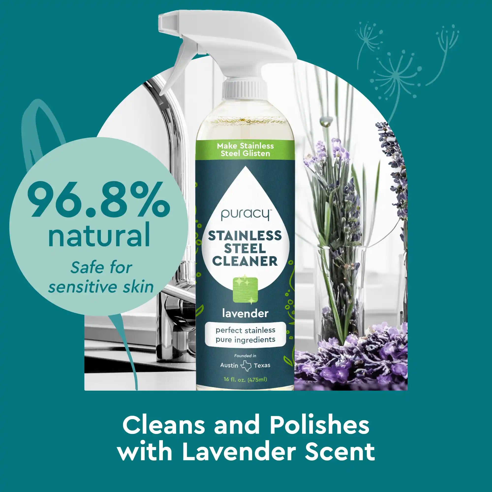 Puracy stainless steel cleaner sprays, promising a 96.8% natural, lavender-scented polish for sensitive skin.
