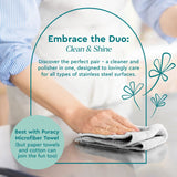 A hand wipes a stainless steel surface clean with a Puracy microfiber towel.
