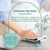 A hand wipes a stainless steel surface clean with a Puracy microfiber towel.
