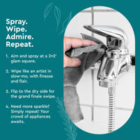 Hand polishes a chrome bathroom faucet with a gray microfiber cleaning cloth, maintaining a sparkling and sanitary space.
