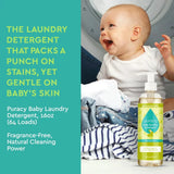 Happy baby laughs near Puracy Baby Laundry Detergent, advertising its gentle yet powerful natural cleaning for sensitive skin.
