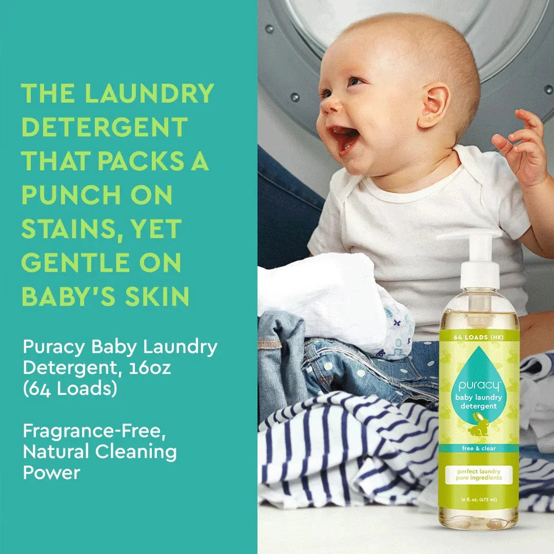 Happy baby laughs near Puracy Baby Laundry Detergent, advertising its gentle yet powerful natural cleaning for sensitive skin.
