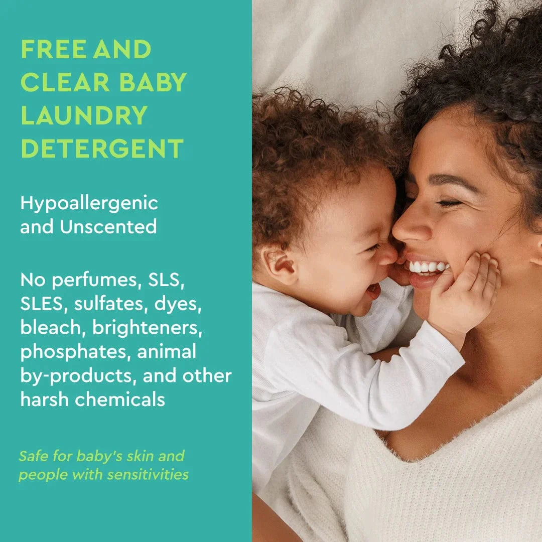 A mother smiles as her baby snuggles close, promoting free and clear baby laundry detergent that's hypoallergenic and safe for sensitive skin.
