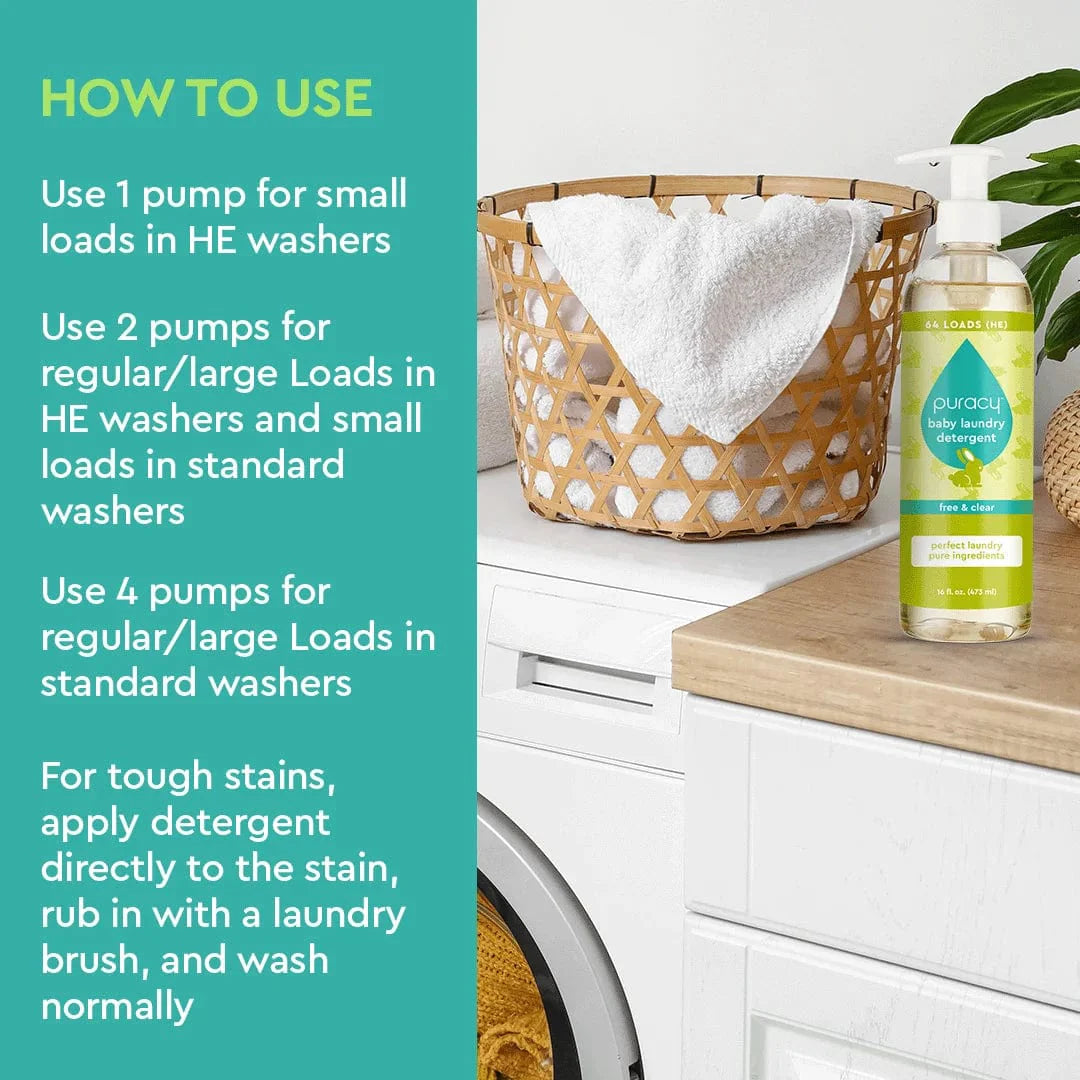 Puracy baby laundry detergent sits next to a woven basket holding a white towel near a washing machine.
