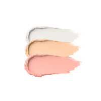 Makeup swatches show white, peach, and pink foundation shades.
