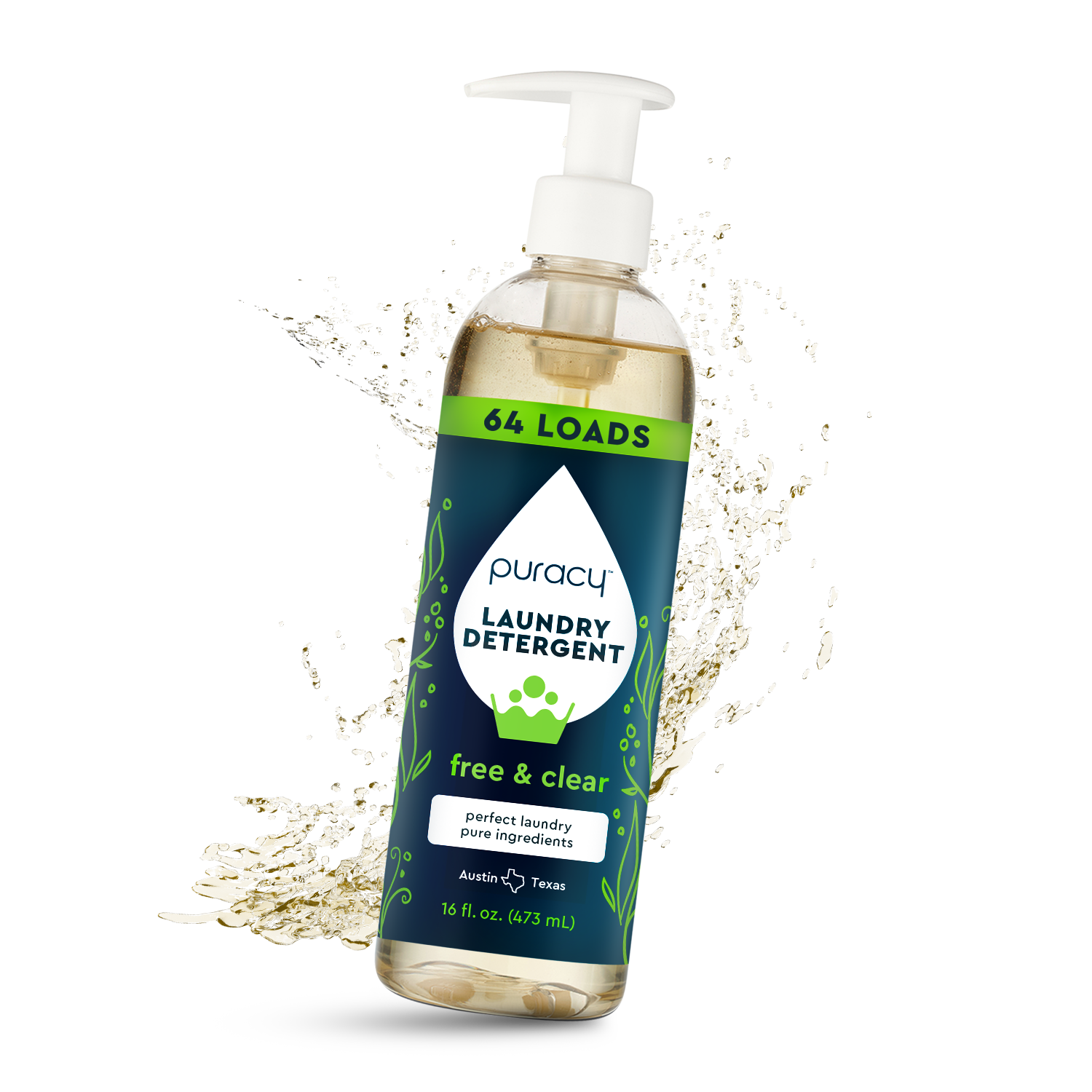 Puracy free and clear laundry detergent promises 64 loads with pure ingredients from Austin, Texas.
