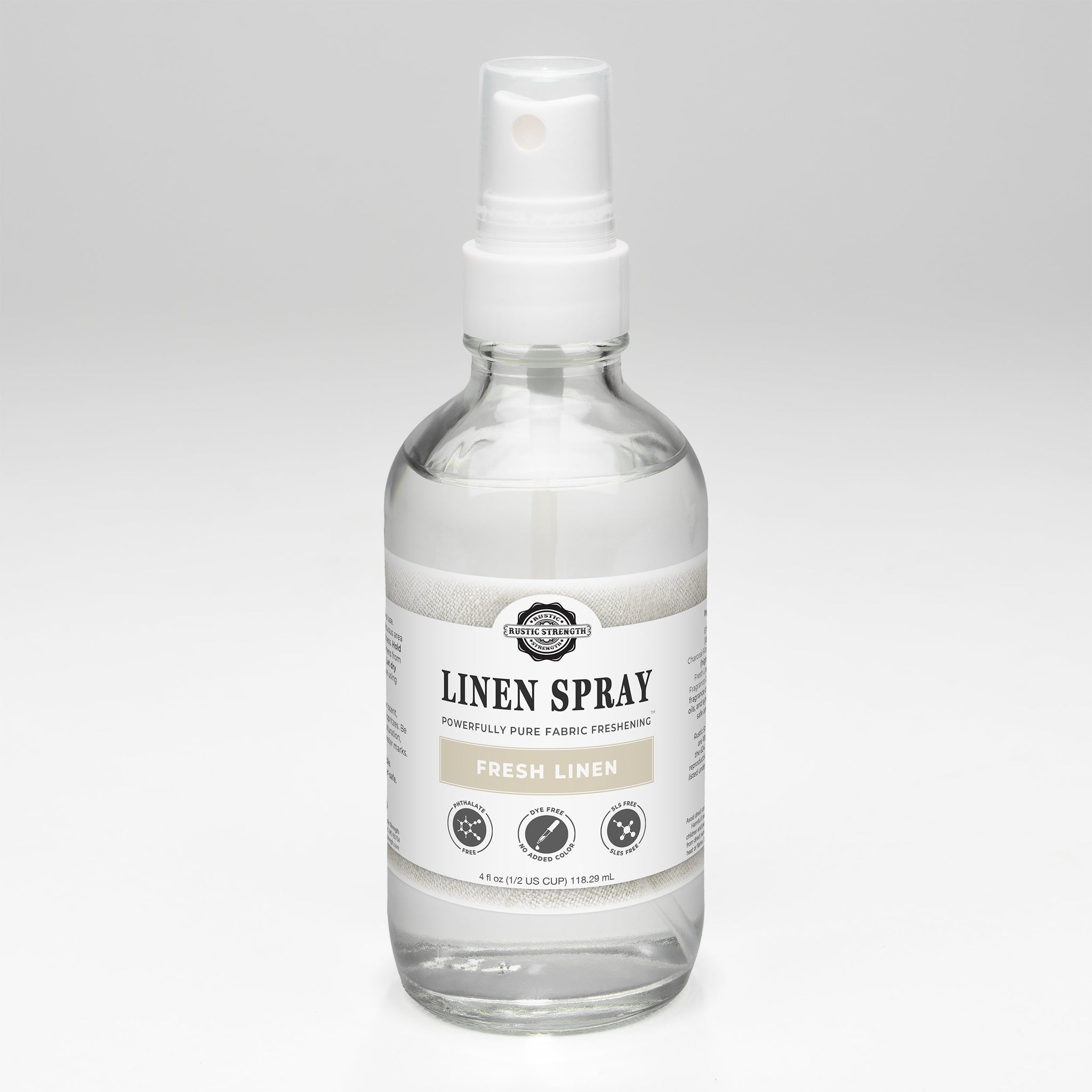 Rustic Strength sells its Fresh Linen Spray in a clear bottle.