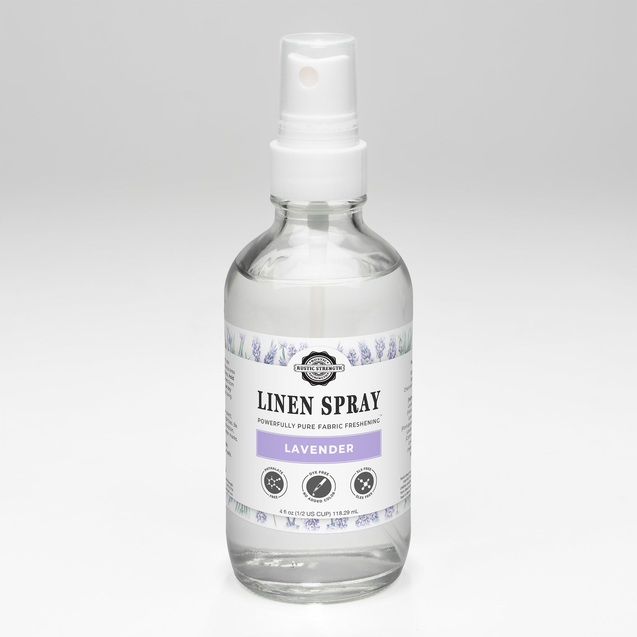 Rustic Strength Lavender Linen Spray bottle offers pure fabric freshening.

