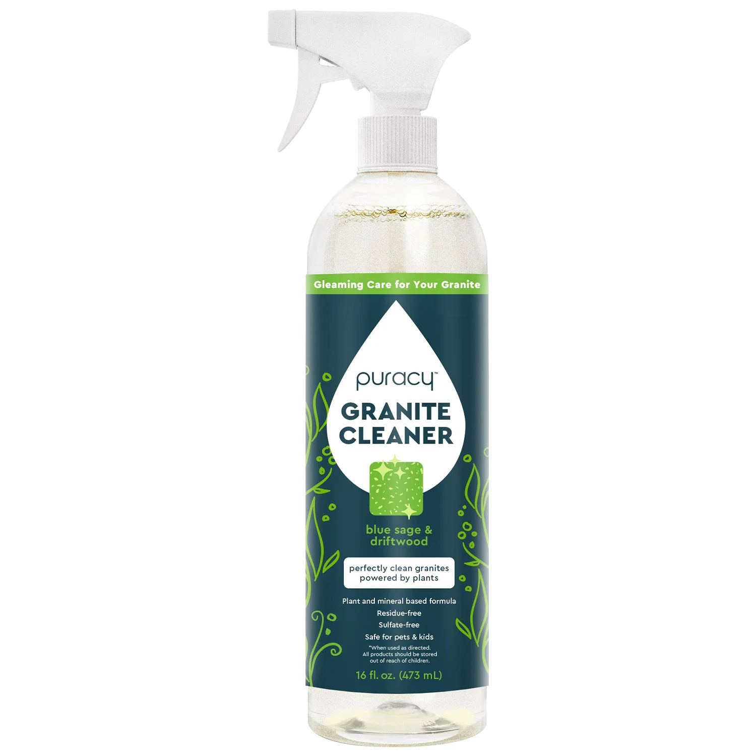 Puracy Granite Cleaner in a spray bottle promises gleaming care for granite surfaces with a plant-powered, residue-free formula.
