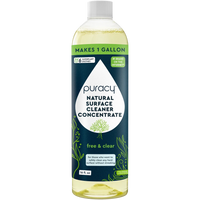 Puracy Natural Surface Cleaner Concentrate bottle promises a streak-free clean and makes one gallon of solution.
