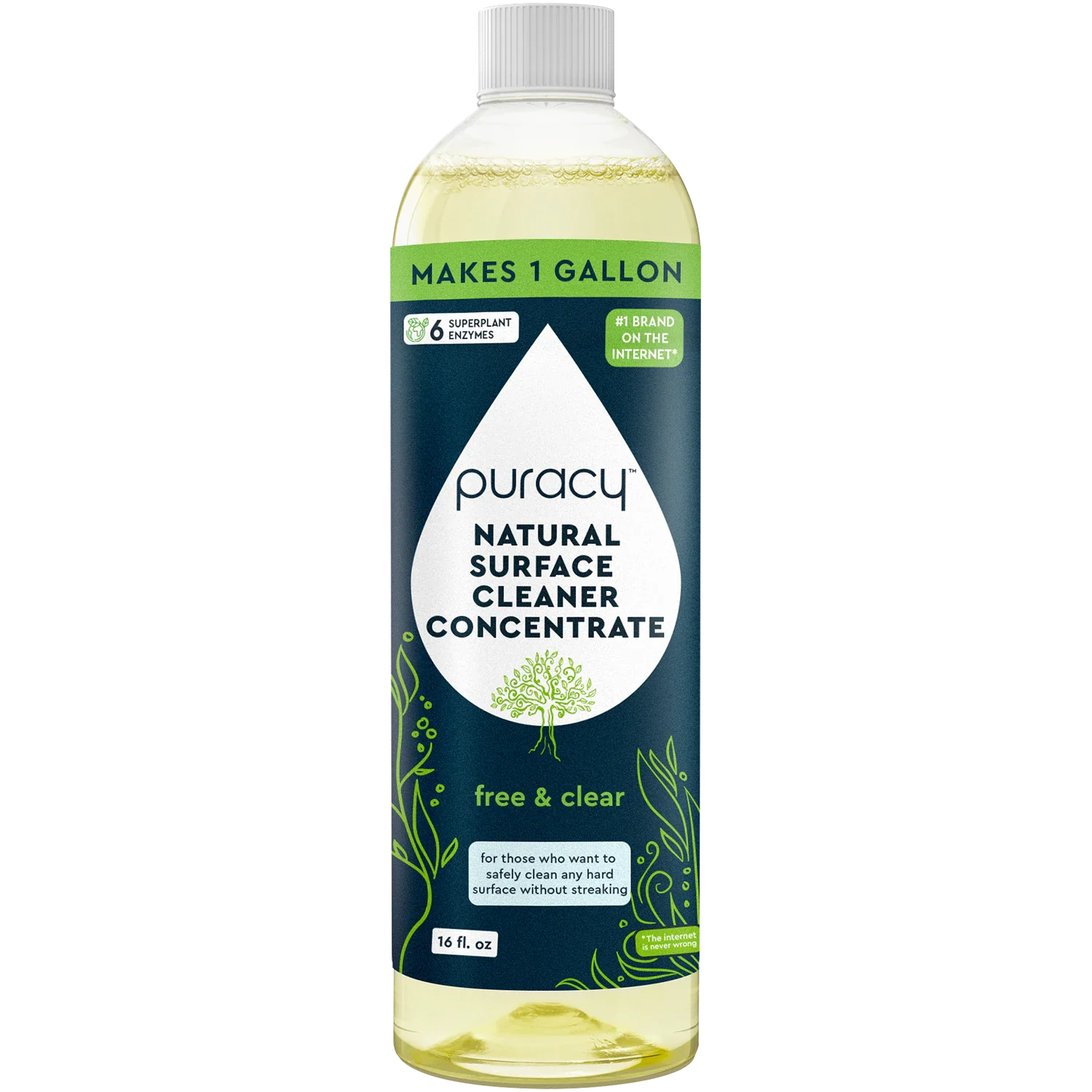 Puracy Natural Surface Cleaner Concentrate bottle promises a streak-free clean and makes one gallon of solution.
