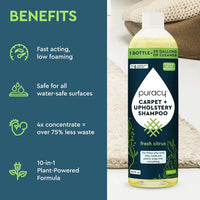 Puracy's Carpet and Upholstery Shampoo bottle advertises its plant-powered, concentrated, low-foaming formula with citrus scent and multiple benefits.

