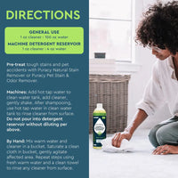 A woman cleans a carpet stain using Puracy Carpet & Upholstery Shampoo and a white cloth, following directions for stain removal.
