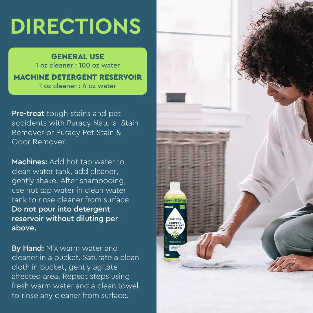 A woman cleans a carpet stain using Puracy Carpet & Upholstery Shampoo and a white cloth, following directions for stain removal.
