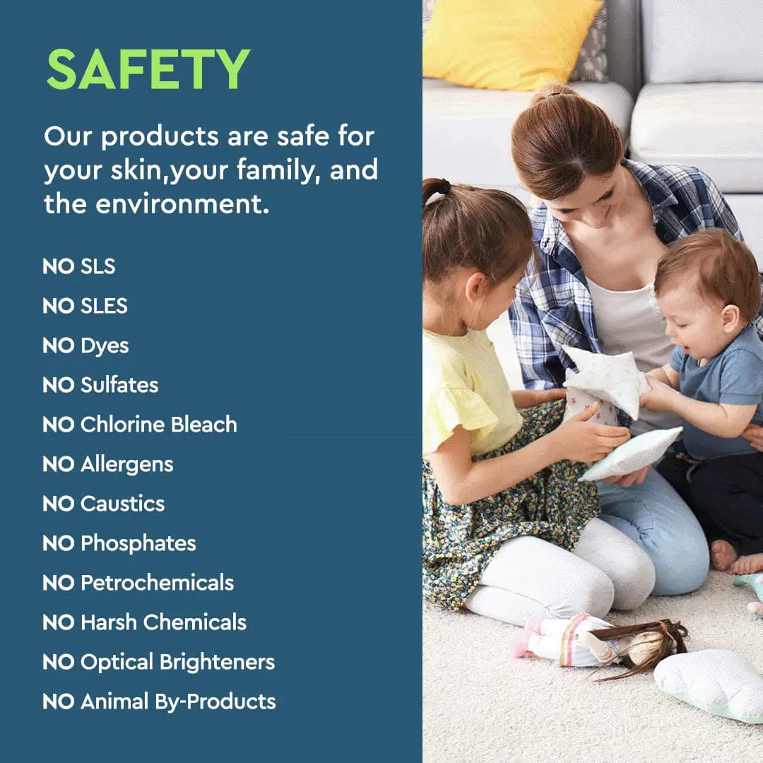 A mother and her two children play with pillows, promoting safe and eco-friendly household products.
