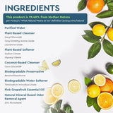 Puracy highlights its natural product ingredients, listing plant-based cleansers, essential oils, and other biodegradable components alongside citrus fruits and greenery.
