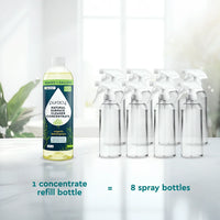Puracy natural surface cleaner concentrate refill bottle equals eight spray bottles.
