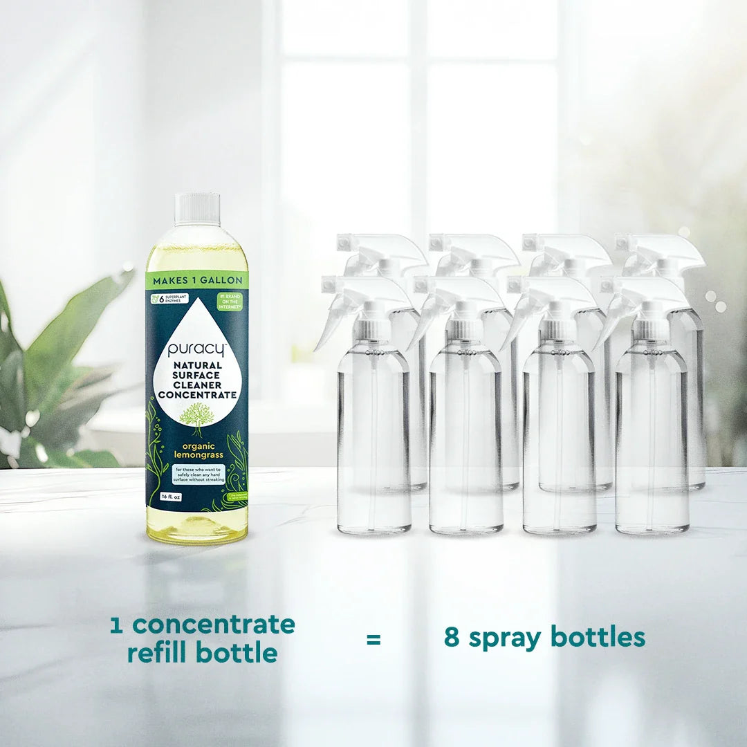 Puracy natural surface cleaner concentrate refill bottle equals eight spray bottles.
